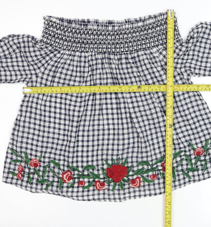 New Look Women Blue Check Embroidered Off Shoulder Cropped Blouse Size 8