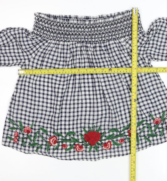 New Look Women Blue Check Embroidered Off Shoulder Cropped Blouse Size 8