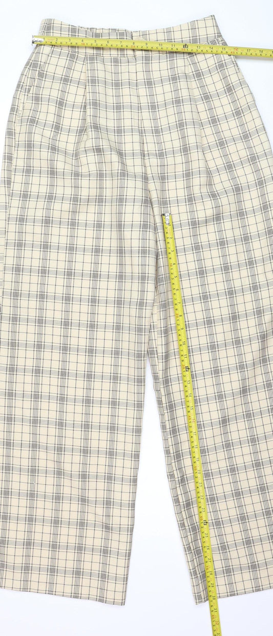 Stradivarius Women Beige Check Pleated Wide-Leg Trousers Size 14