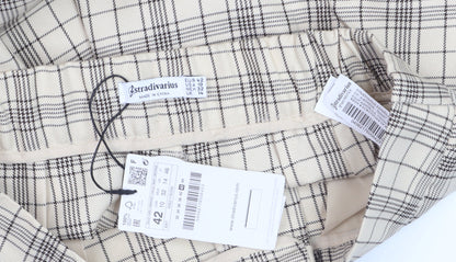 Stradivarius Women Beige Check Pleated Wide-Leg Trousers Size 14