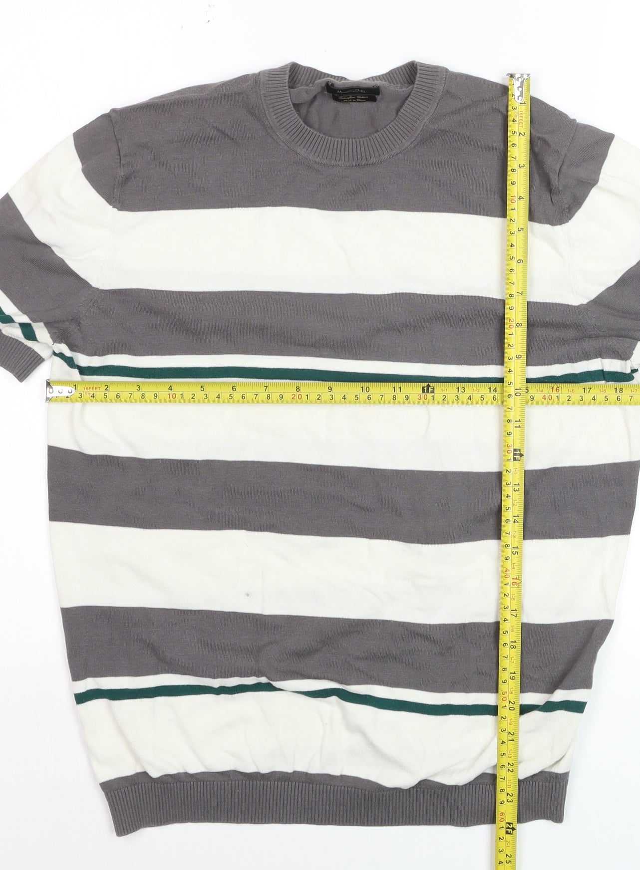 Massimo Dutti Men's Grey & White Striped Cotton Short Sleeve Jumper Size L