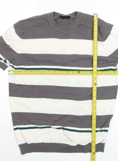 Massimo Dutti Men's Grey & White Striped Cotton Short Sleeve Jumper Size L
