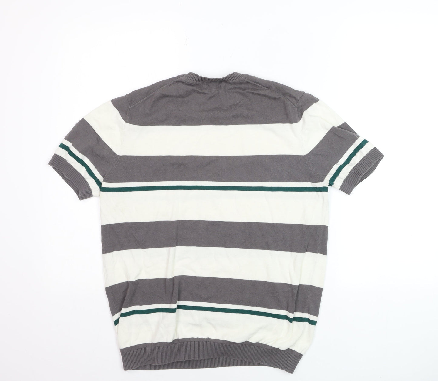 Massimo Dutti Men's Grey & White Striped Cotton Short Sleeve Jumper Size L