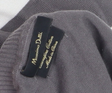 Massimo Dutti Men's Grey & White Striped Cotton Short Sleeve Jumper Size L