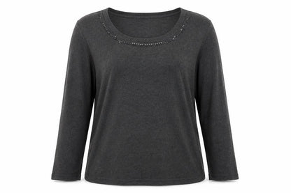 Frank Walder Women's Grey Beaded Long Sleeve Cotton Top Size 20