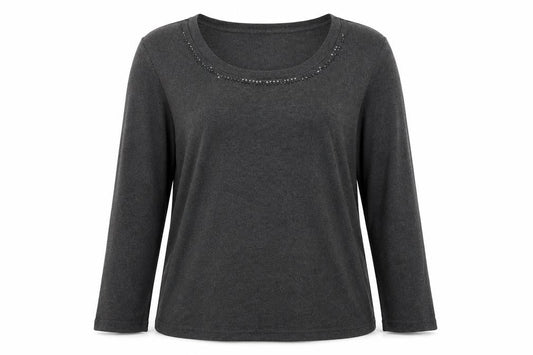 Frank Walder Women's Grey Beaded Long Sleeve Cotton Top Size 20