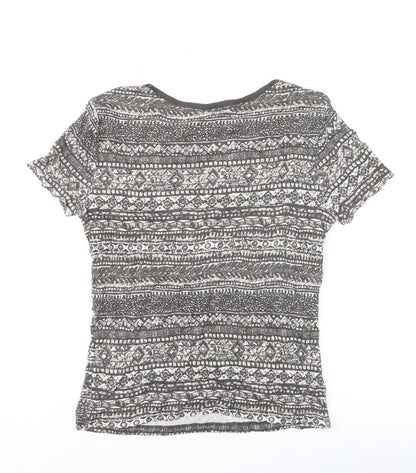 Maine New England Womens Grey Geometric T-Shirt Size 12 Short Sleeve
