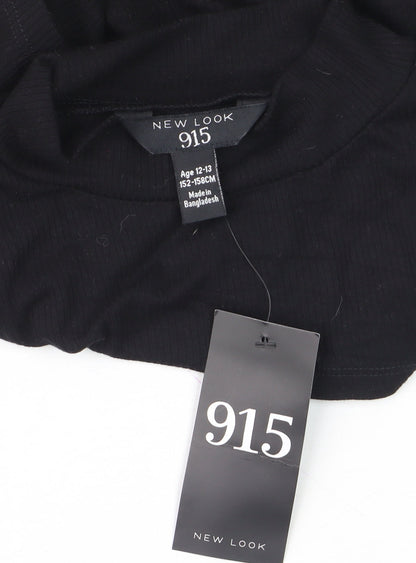 New Look 915 Girls Black Ribbed Mock Neck Cropped Long Sleeve T-Shirt Age 12-13