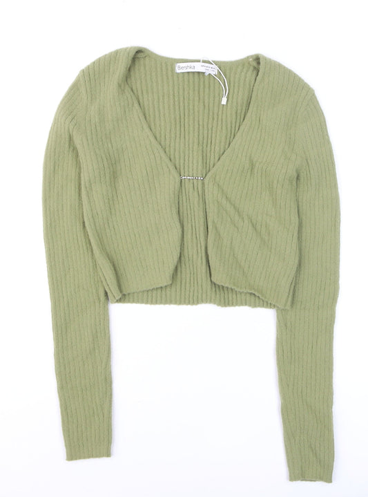 Bershka Women’s Green V-Neck Ribbed Cardigan Size 12