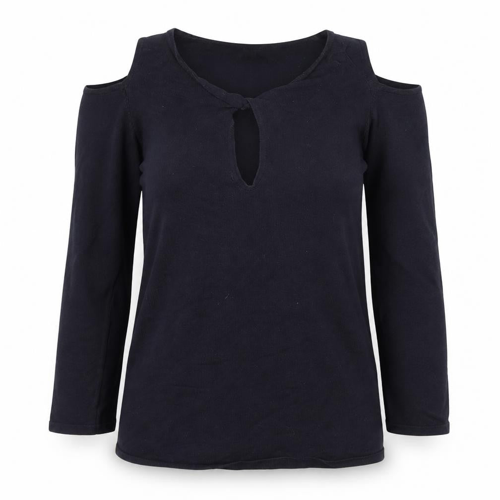 MNG Women's Black Cold Shoulder Blouse Size S Jersey V-Neck