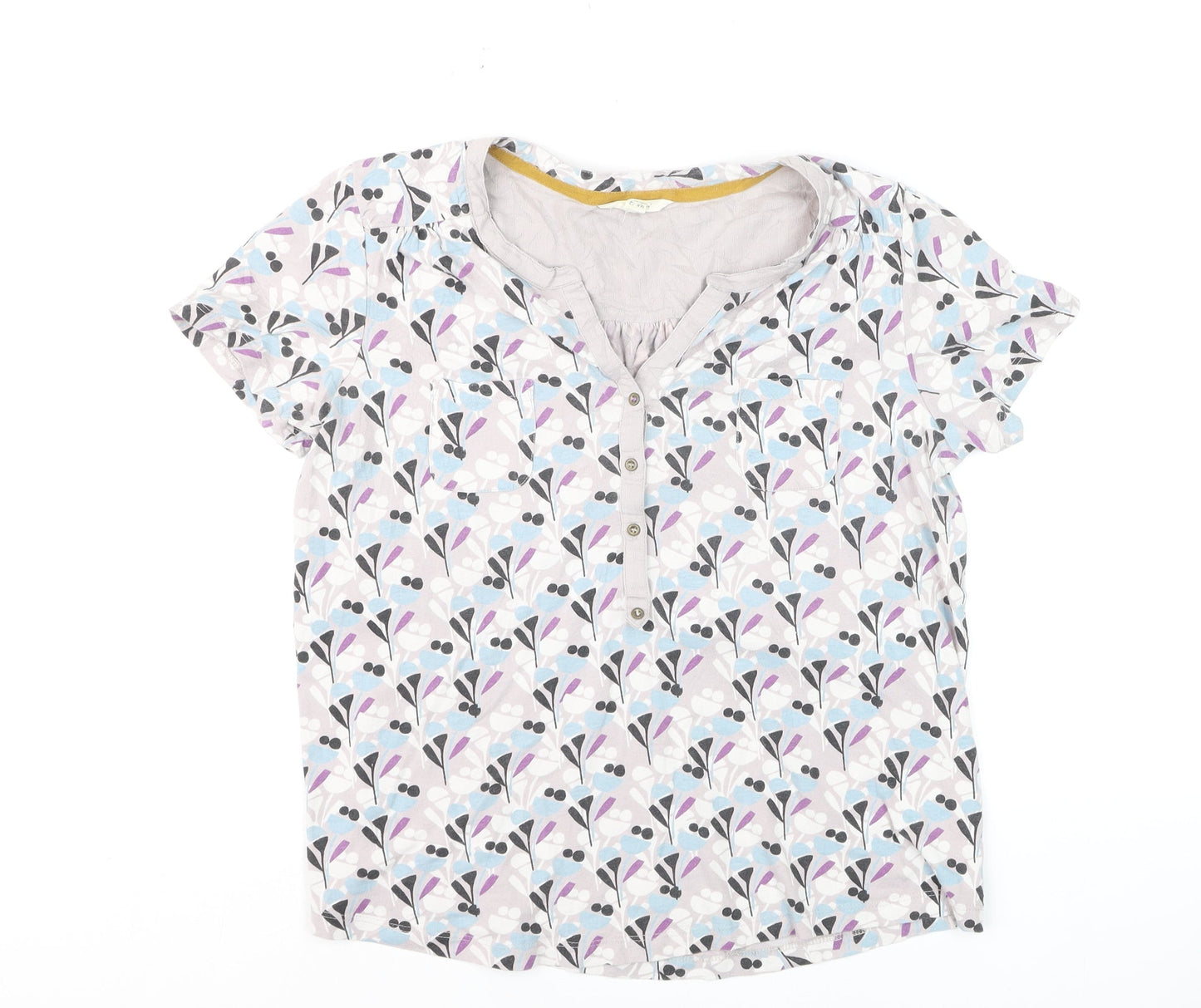 White Stuff Women's Multicoloured Floral Cotton Blend Short Sleeve Blouse UK 12