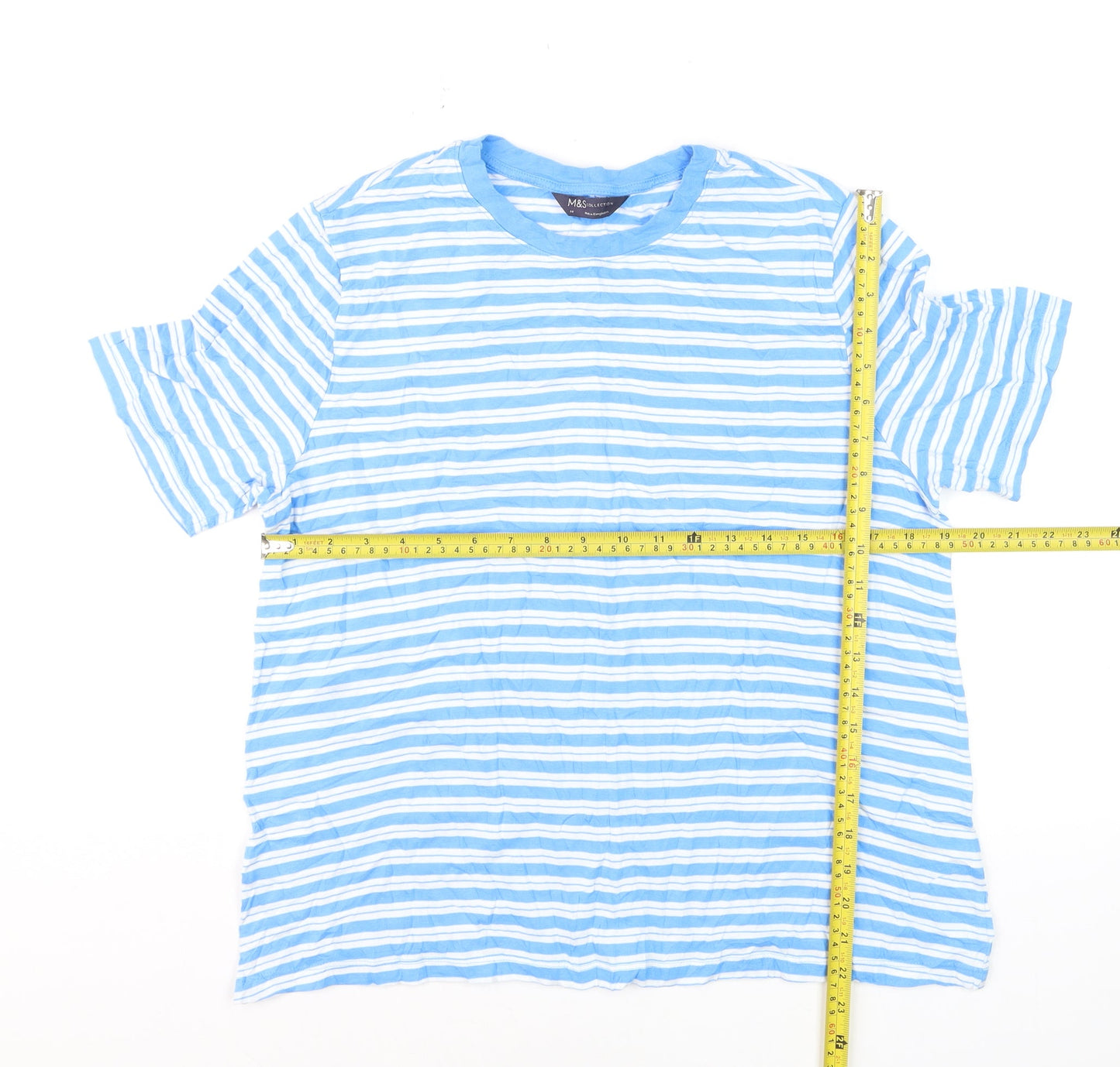 Marks and Spencer Men's Blue Striped Cotton Crew Neck T-Shirt Size L
