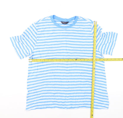 Marks and Spencer Men's Blue Striped Cotton Crew Neck T-Shirt Size L