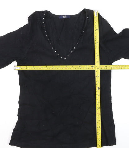 Marks and Spencer Women’s Black V-Neck Beaded Long Sleeve Cotton Blouse Size 14