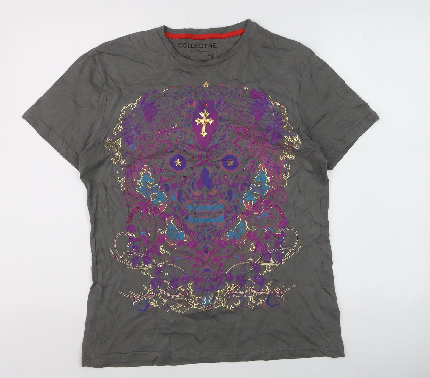 Collective Los Angeles Men's Grey Skull Graphic Cotton T-Shirt M