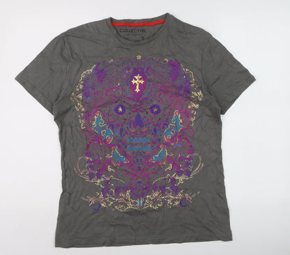 Collective Los Angeles Men's Grey Skull Graphic Cotton T-Shirt M