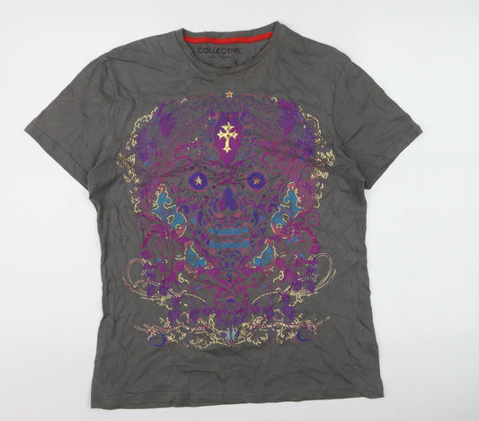 Collective Los Angeles Men's Grey Skull Graphic Cotton T-Shirt M