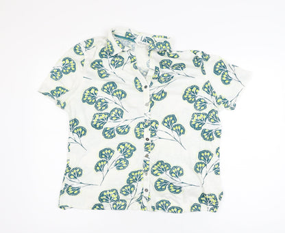 White Stuff Women White Floral Cotton Short Sleeve Button-Up Shirt Size 18