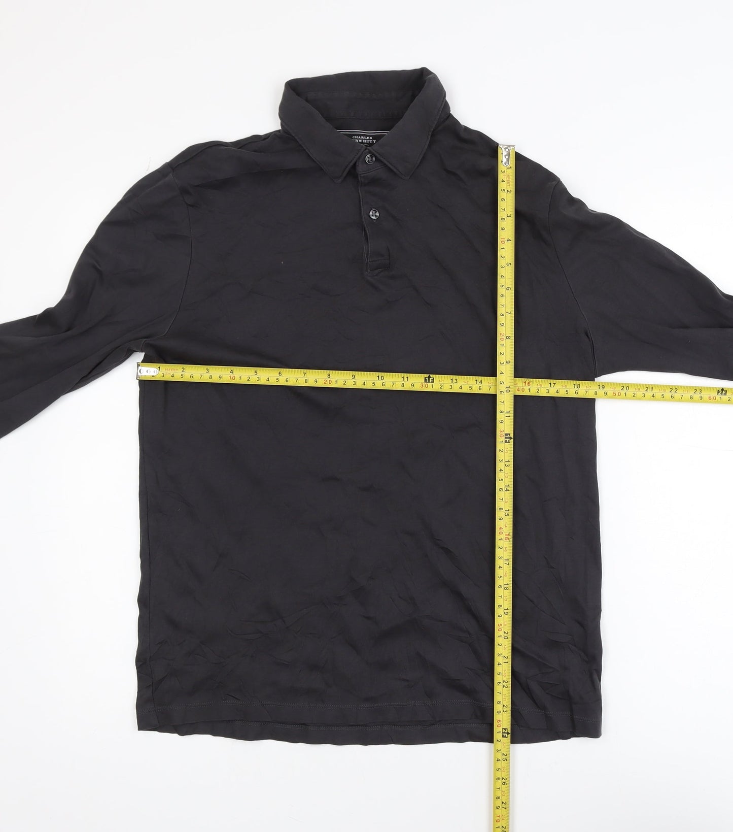 Charles Tyrwhitt Men's Black Long Sleeve Cotton Polo Shirt Medium