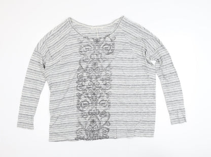 Peruvian Connection Women’s Grey Striped Embroidered Cotton Long Sleeve Top M