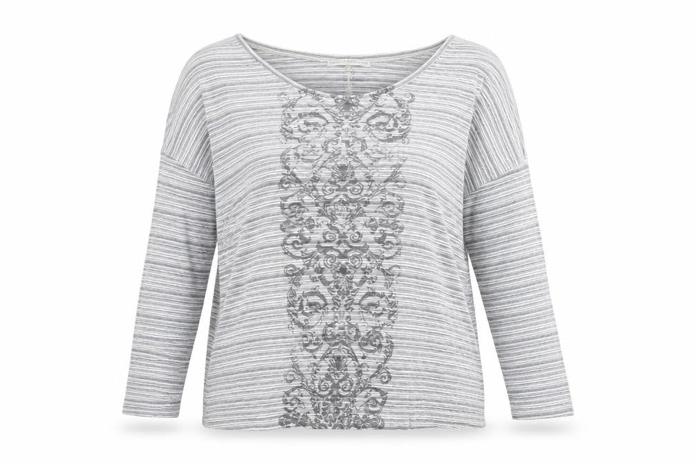 Peruvian Connection Women’s Grey Striped Embroidered Cotton Long Sleeve Top M