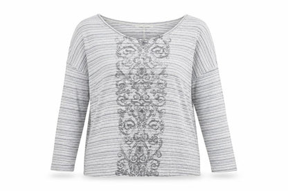 Peruvian Connection Women’s Grey Striped Embroidered Cotton Long Sleeve Top M