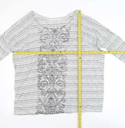 Peruvian Connection Women’s Grey Striped Embroidered Cotton Long Sleeve Top M