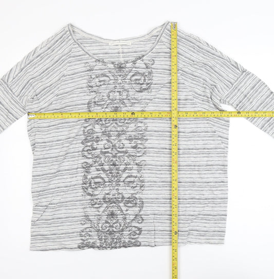 Peruvian Connection Women’s Grey Striped Embroidered Cotton Long Sleeve Top M