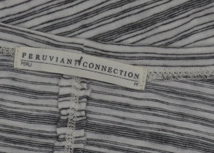 Peruvian Connection Women’s Grey Striped Embroidered Cotton Long Sleeve Top M