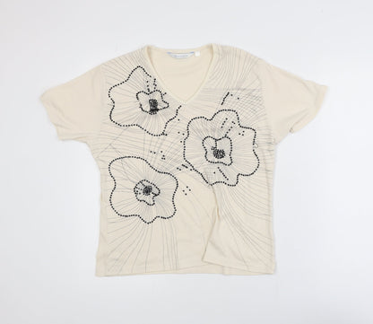 Award Women’s Beige Floral Beaded V-Neck Short Sleeve T-Shirt M
