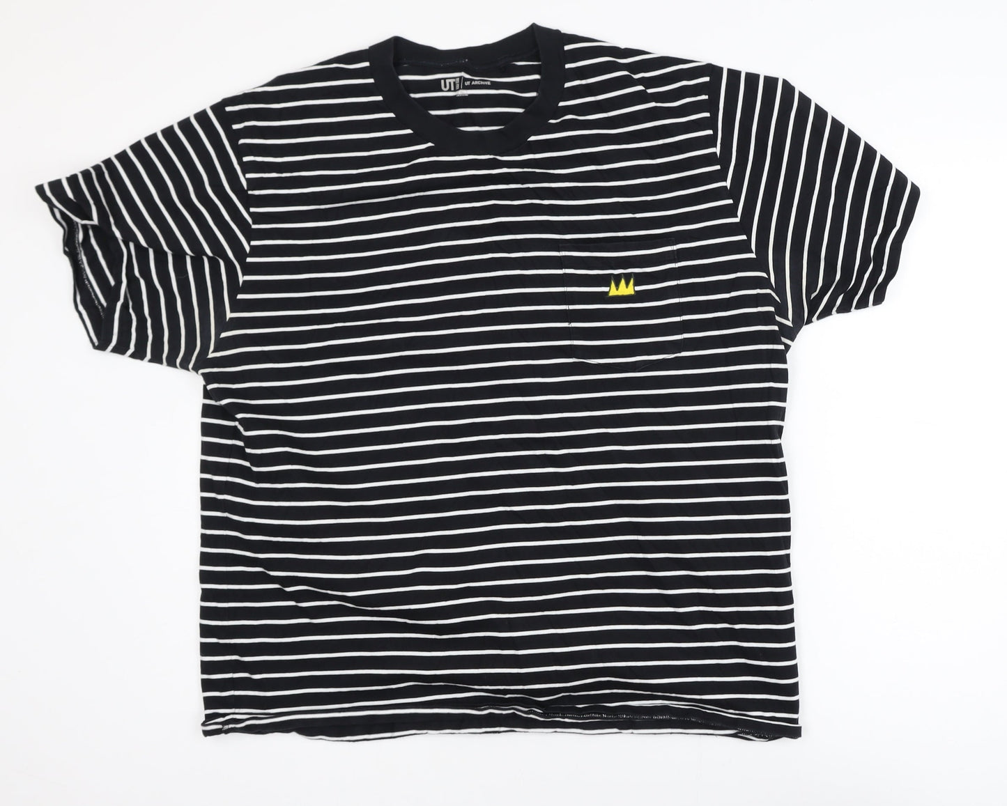 Uniqlo Men's Black Striped Art T-Shirt XL Cotton Crew Neck