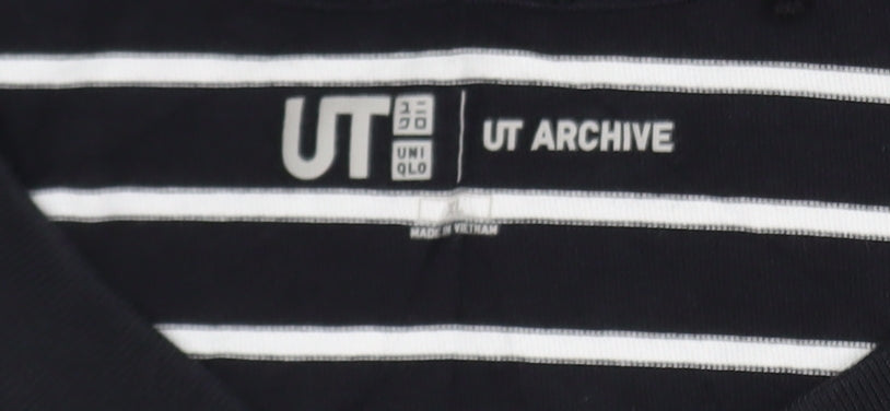 Uniqlo Men's Black Striped Art T-Shirt XL Cotton Crew Neck