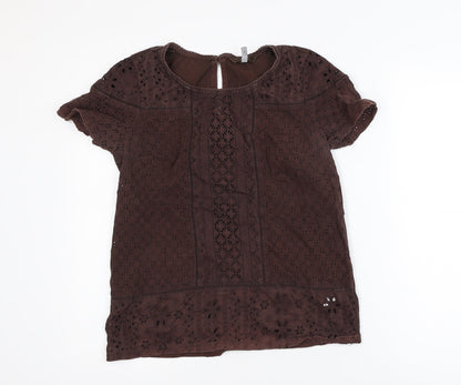 Next Women Brown Cotton Lace Tunic Blouse Size 10 Short Sleeve