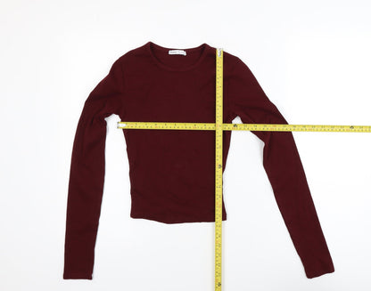 Bershka Women Red Slim Fit Long Sleeve Basic Cotton Top Size 8