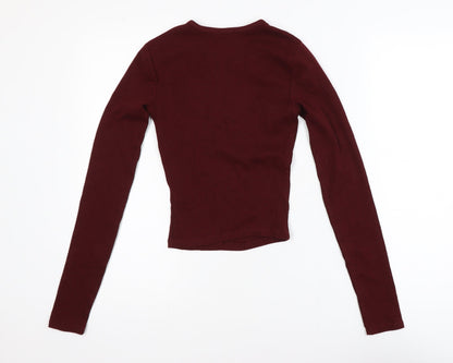 Bershka Women Red Slim Fit Long Sleeve Basic Cotton Top Size 8