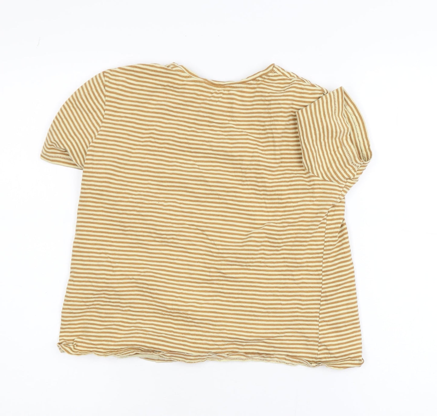 Zara Women Beige Striped Short Sleeve Cotton T-Shirt Size S