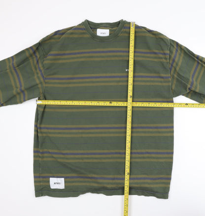 WTAPS Men Green Striped Crew Neck Long Sleeve Pullover Sweatshirt XL