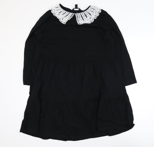 New Look Women's Black Shift Dress Size 14 Crochet Collar Long Sleeve