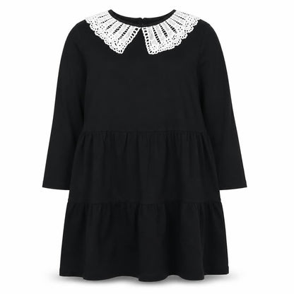 New Look Women's Black Shift Dress Size 14 Crochet Collar Long Sleeve