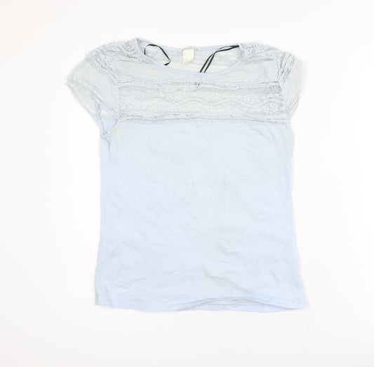 H&M Women’s Blue Lace Panel Short Sleeve Cotton T-Shirt Size 12