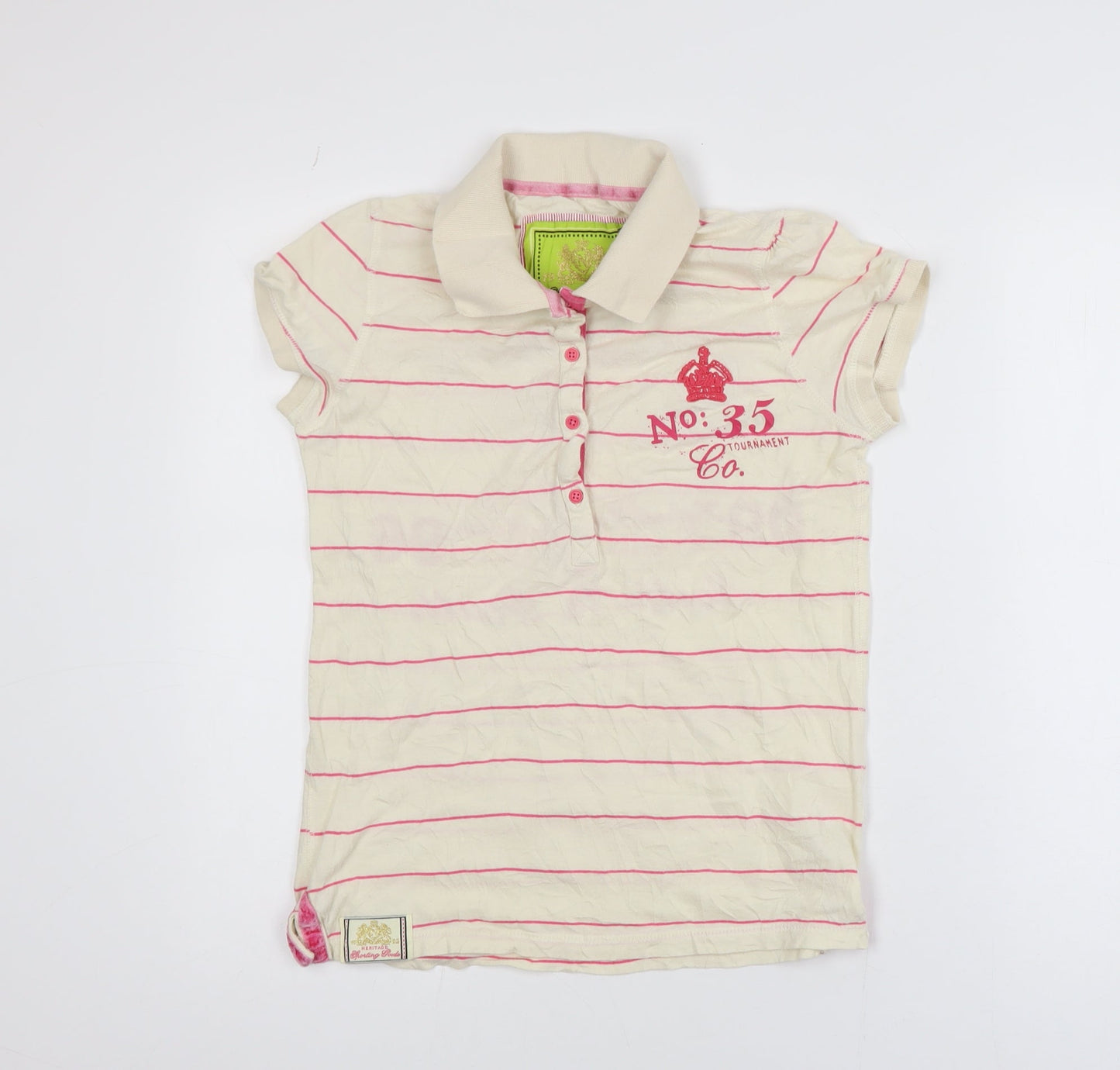 Next Girls Beige Pink Striped Polo T-Shirt Size 10 Cotton Casual Top