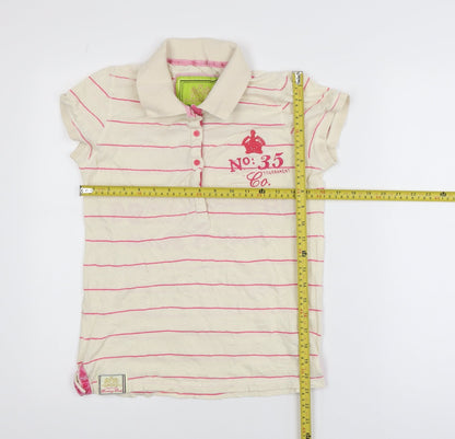Next Girls Beige Pink Striped Polo T-Shirt Size 10 Cotton Casual Top