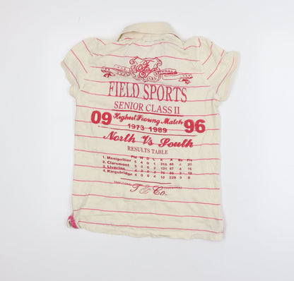 Next Girls Beige Pink Striped Polo T-Shirt Size 10 Cotton Casual Top