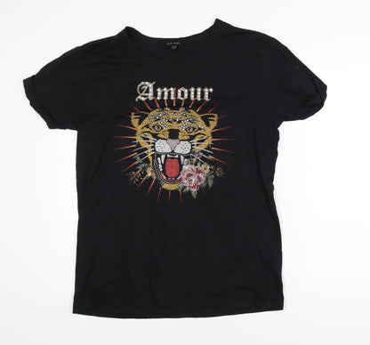 New Look Women's Black Animal Print Rhinestone T-Shirt Size 16