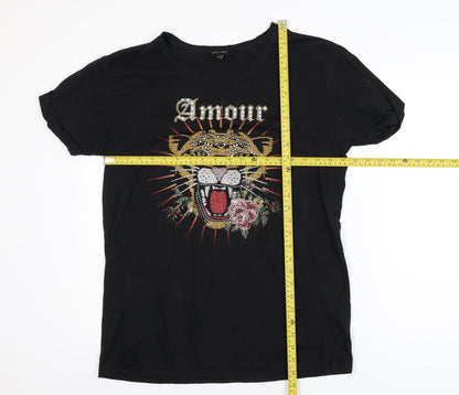 New Look Women's Black Animal Print Rhinestone T-Shirt Size 16