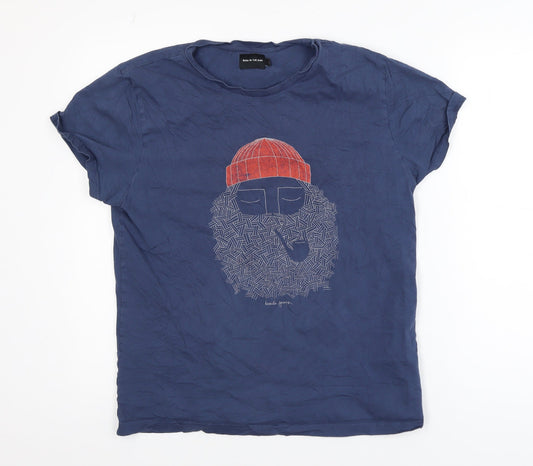Bask In The Sun Men's Blue Graphic Beard T-Shirt Size M Organic Cotton