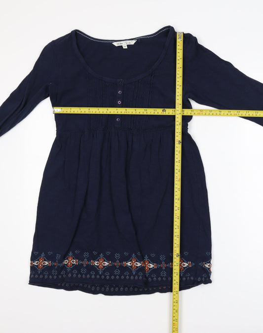 Fat Face Women Blue Cotton Tunic Blouse Size 12 Bohemian Embroidered