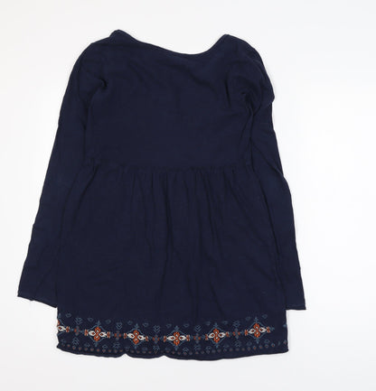Fat Face Women Blue Cotton Tunic Blouse Size 12 Bohemian Embroidered