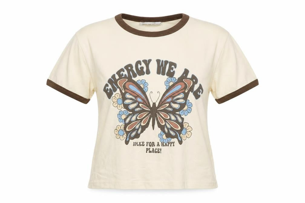 Pull & Bear Womens Beige Butterfly Ringer T-Shirt Size M