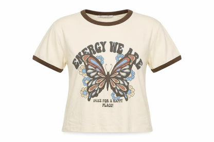 Pull & Bear Womens Beige Butterfly Ringer T-Shirt Size M